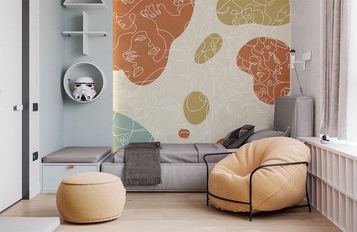 Lines Wallpaper Mural with Vibrant Abstract Portraits, Ideal for Enhancing the Appearance of a Bedroom