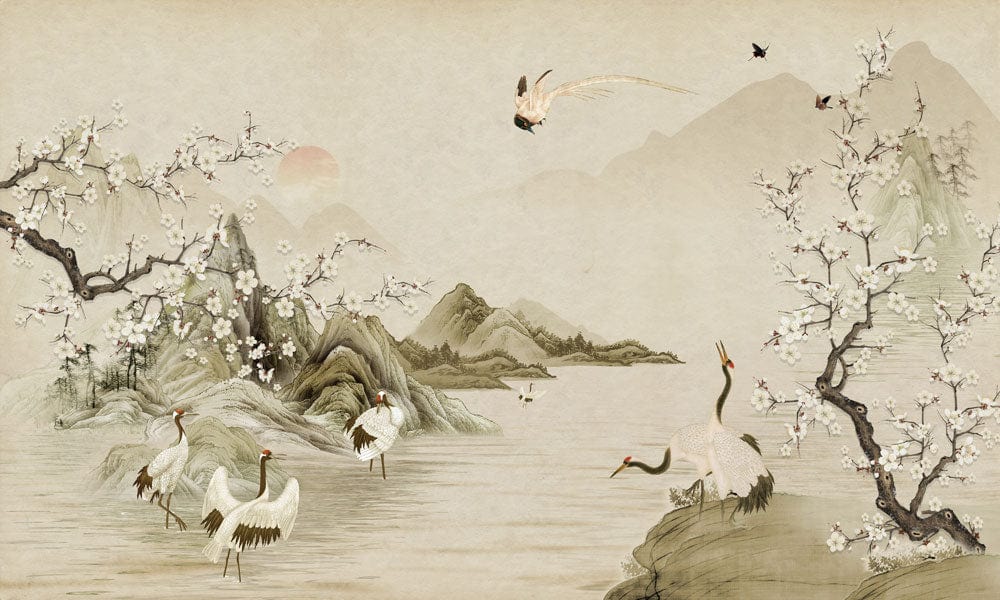 Wallpaper Mural for Home Decoration Featuring a Crane Landscape Painting