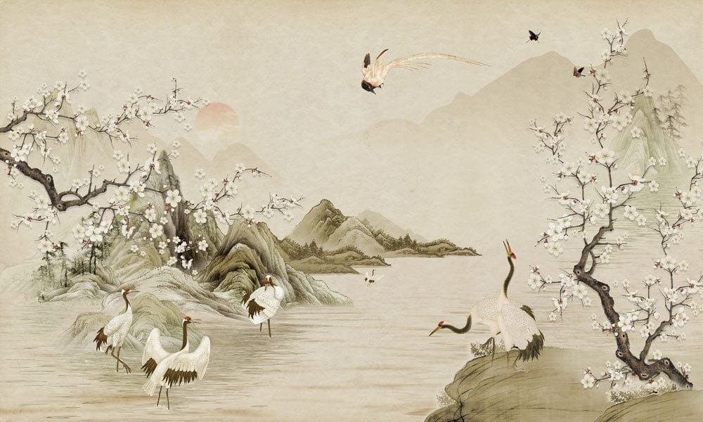 Elegant Asian Landscape Crane Mural Wallpaper