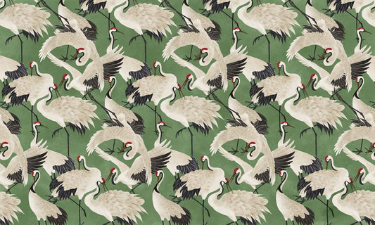 Wallpaper mural featuring Cranes on a Green Background for Home Decoration