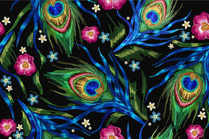 Wallpaper Mural with a Dark Embroidery Peacock Feather Design for Home Decoration