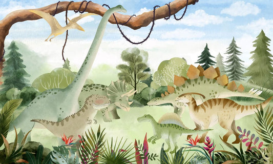 Wallpaper Mural for Home Decoration Featuring a Dinosaur Gathering in a Forest