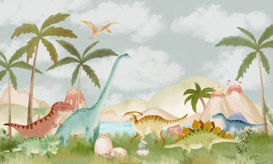 Home Decoration Featuring a Wallpaper Mural of Dinosaurs Gathering Together