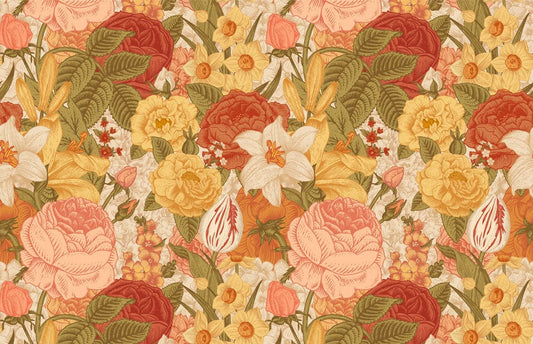 Wallpaper mural for room decor featuring flowers arranged in dense clusters.