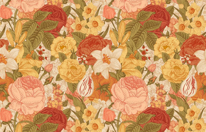 Wallpaper mural for room decor featuring flowers arranged in dense clusters.