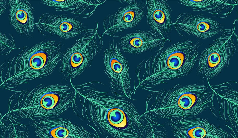 Wallpaper mural featuring a fluorescent peacock feather design, perfect for use as home decor