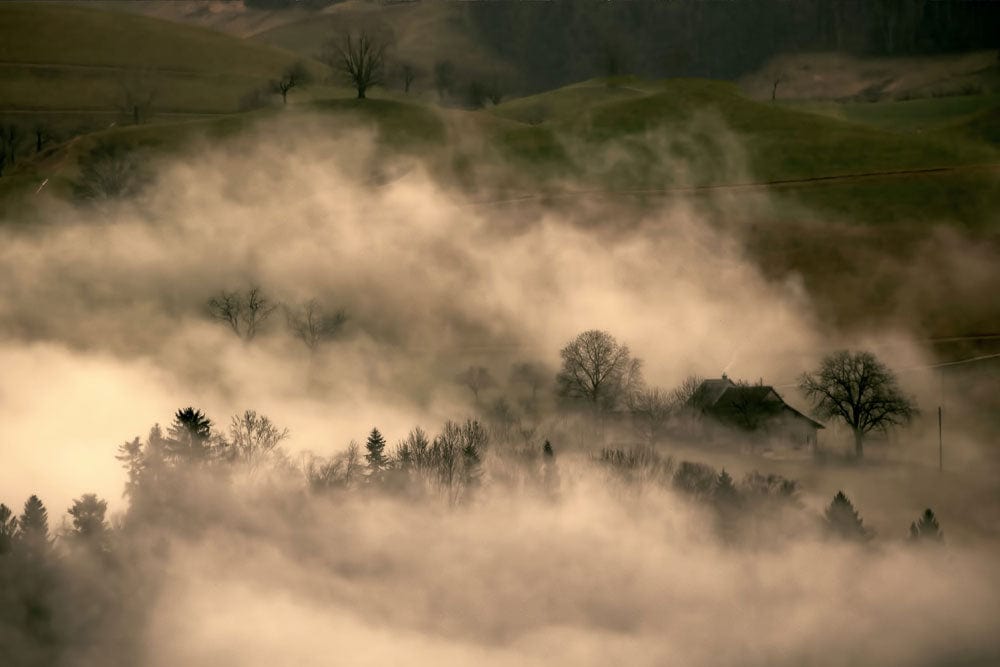 Home Decoration Wallpaper Mural of Foggy Mountain Landscape.