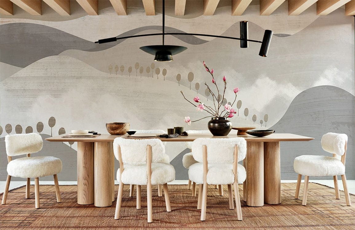 The greatest way to adorn the dining area is with a wallpaper mural with a panorama of grey mountains and waves.