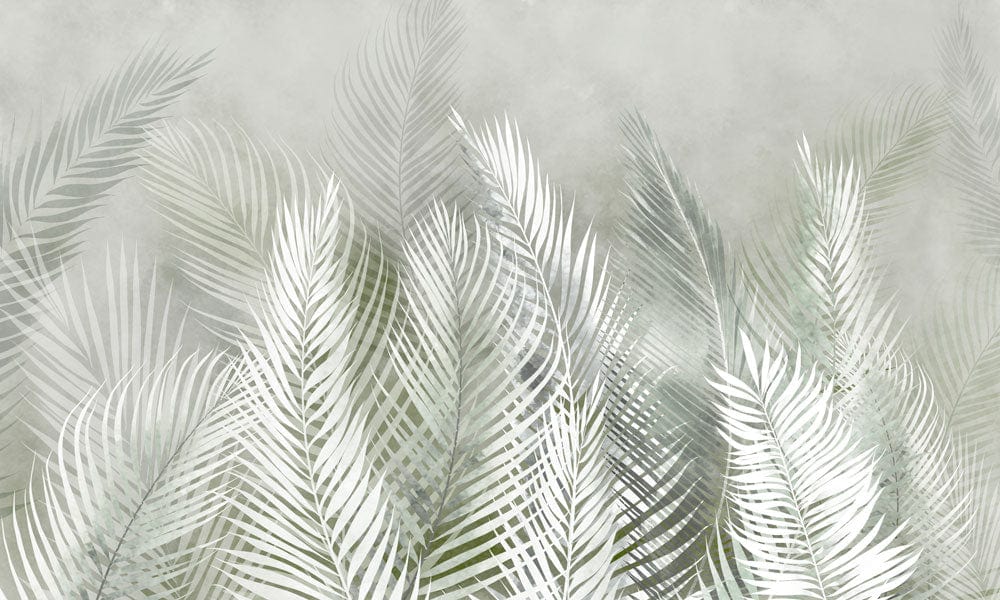 Wallpaper mural with feathers and leaves in green for use as home decor.