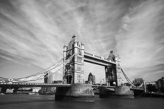Wallpaper mural featuring a scene of the London Bridge in gray for use as home decor