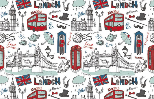 Decorate your home with this hand-drawn mural wallpaper featuring iconic buildings from London.
