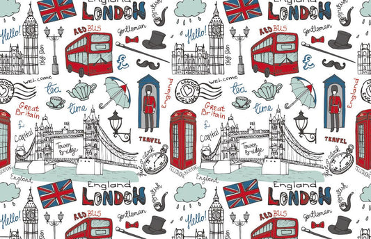 Decorate your home with this hand-drawn mural wallpaper featuring iconic buildings from London.