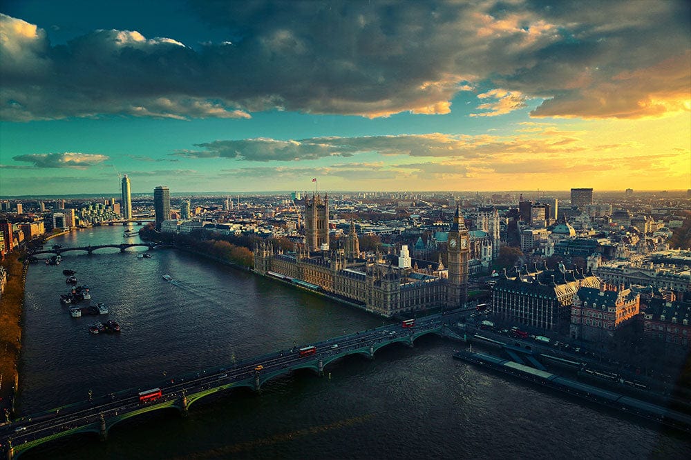 Wallpaper Mural of the London Skyline at Dawn, Perfect for Decorating Your Home