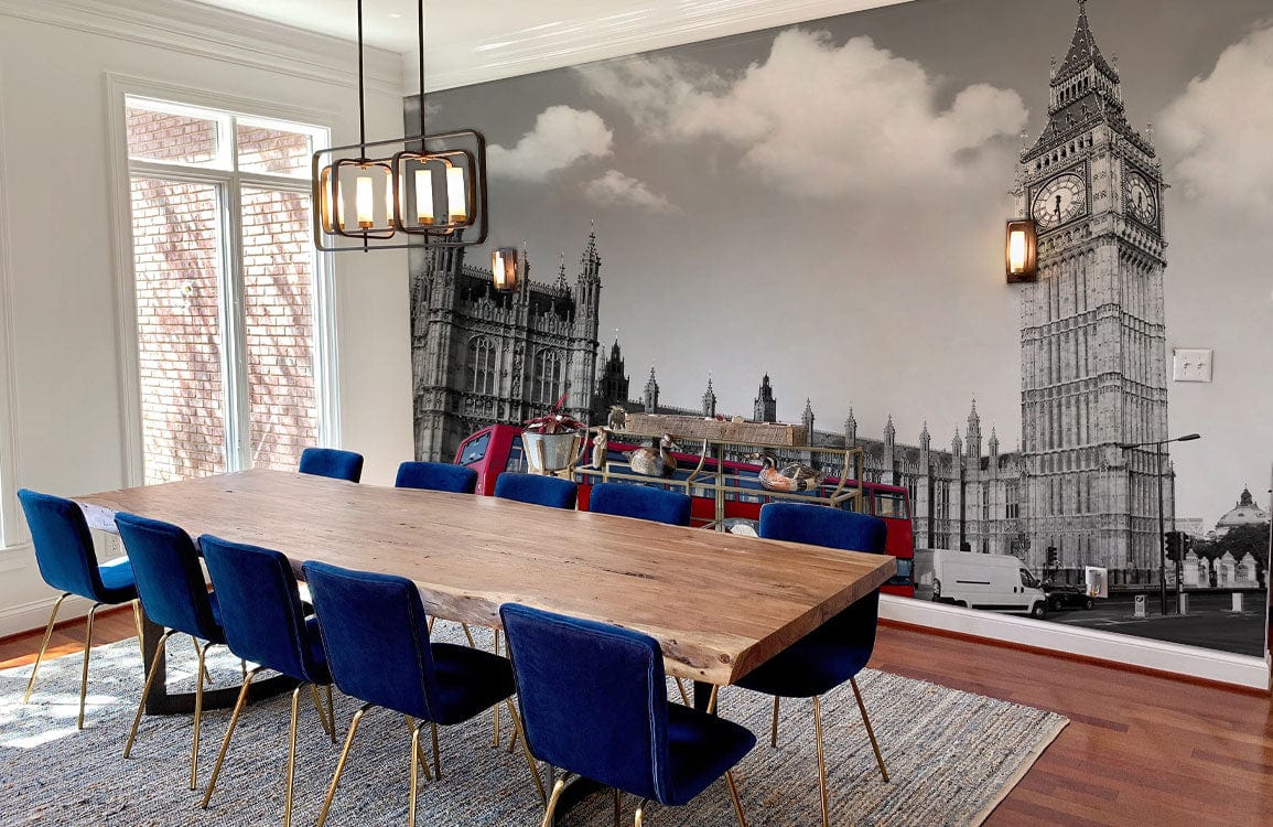 Wallpaper mural featuring a red London bus, perfect for use as office decor.
