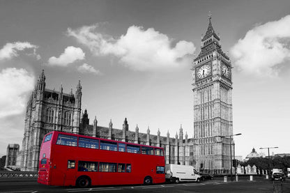 Wallpaper mural featuring a red London bus, perfect for use in interior design.