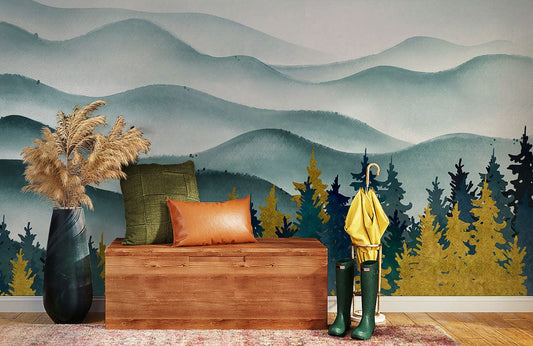 Ombre Ink Mountain Waves Scenery Wall Mural to Adorn a Hallway