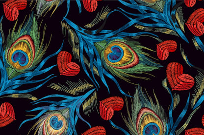 Embroidered Wallpaper Mural with Peacock Feather Design for Home Decoration