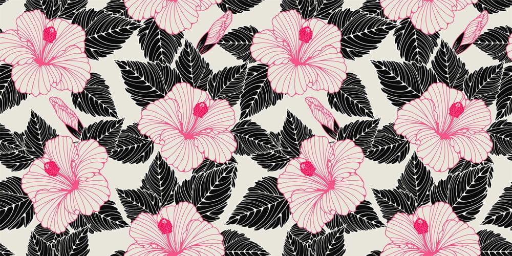 Wallpaper mural for home decoration featuring pink and black line flowers.