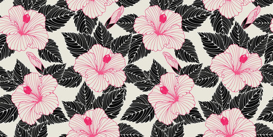 Wallpaper mural for home decoration featuring pink and black line flowers.