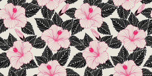 Wallpaper mural for home decoration featuring pink and black line flowers.