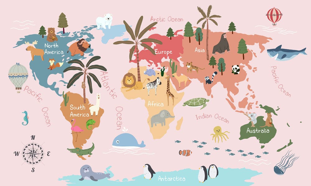 Animal Worldmap on a Pink Background, Perfect for a Baby's Room