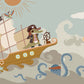 Cartoon Mural Wallpaper with Pirate on Ocean Scene for Home Decoration
