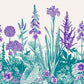 Wallpaper mural with Violet and Turquoise Flowers, Suitable for Use as Hallway Decoration