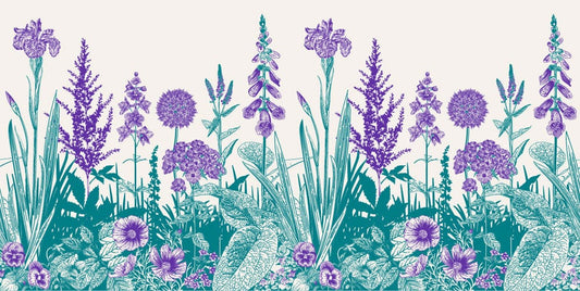 Wallpaper mural with Violet and Turquoise Flowers, Suitable for Use as Hallway Decoration