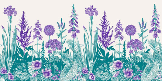 Wallpaper mural with Violet and Turquoise Flowers, Suitable for Use as Hallway Decoration