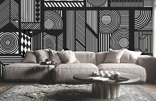 Wall mural in the living room with unbroken lines of machinery