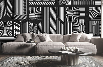 Modern Mechanical Lines Black White Mural