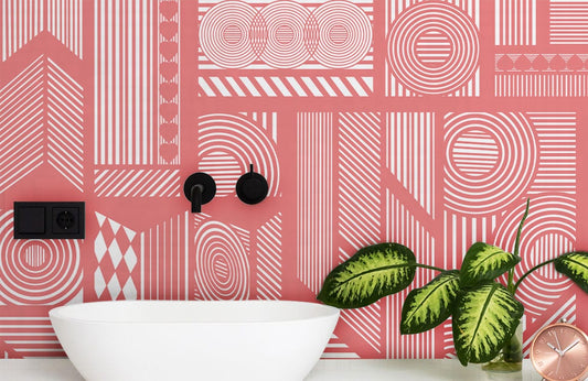 Wall mural in the bathroom with pink lines that are straight and mechanical looking.