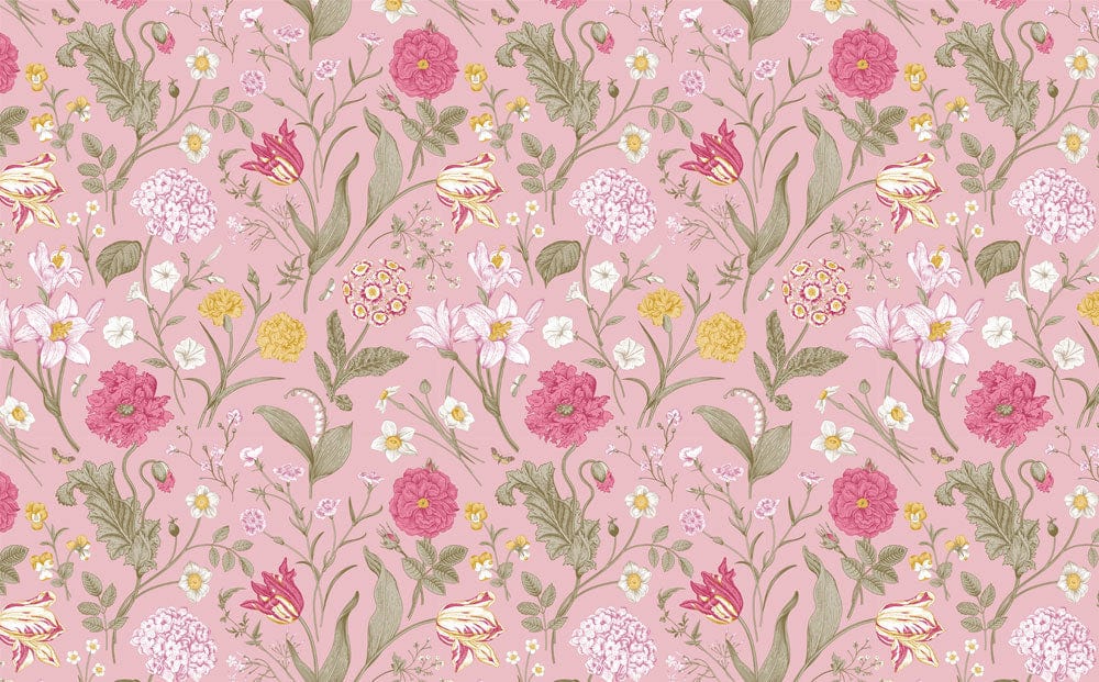 Vintage Botanical Pink Floral Mural Wallpaper