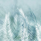 Wallpaper mural with feathers and leaves in turquoise for use as home decor.