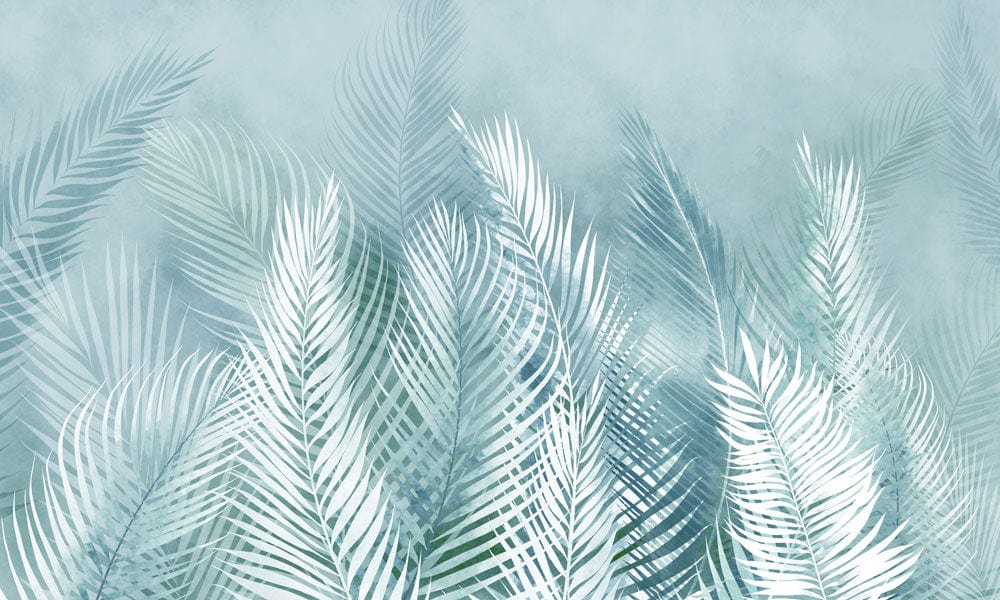 Wallpaper mural with feathers and leaves in turquoise for use as home decor.
