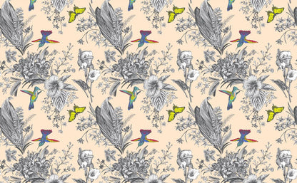 Vintage Birds and Floral Bouquets Wallpaper Mural for Interior Design of Room