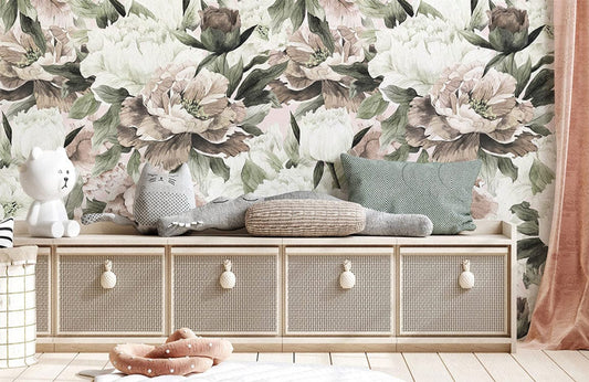 Wallpaper with a Floral Mural Design, Off-White and Other Neutral Colors Used for Hallway Decoration