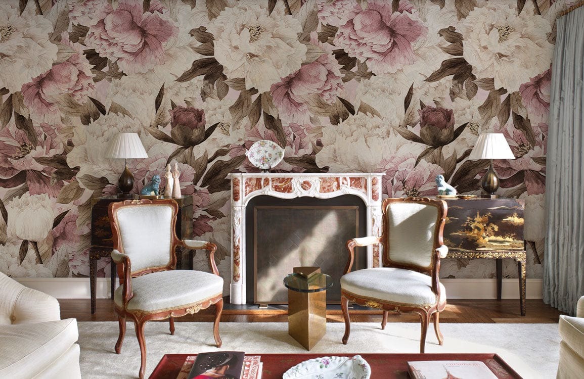 Wallcovering with a Floral Design, Off-White and Pink Color Scheme, Suitable for Hallway Decoration