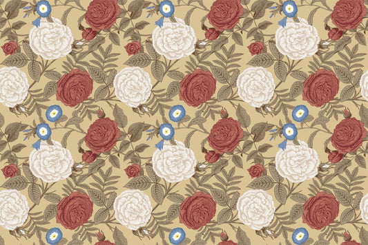 Wallpaper mural for home decoration featuring white and red blossoms.