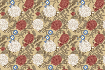 Wallpaper mural for home decoration featuring white and red blossoms.