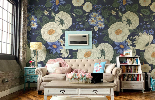 Decorate your living room with this white paisley wallpaper mural.