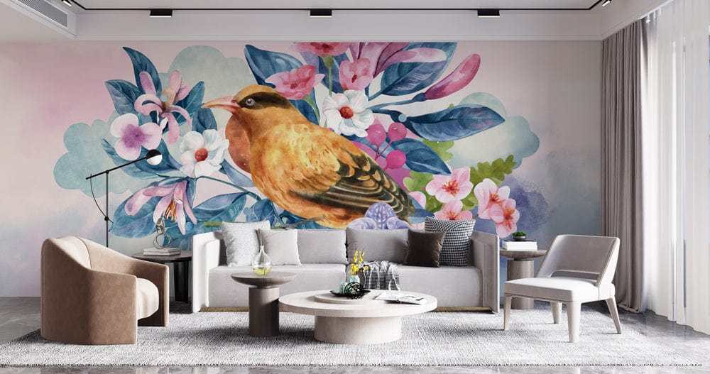 wonderful bird and flower wall painting for the living room