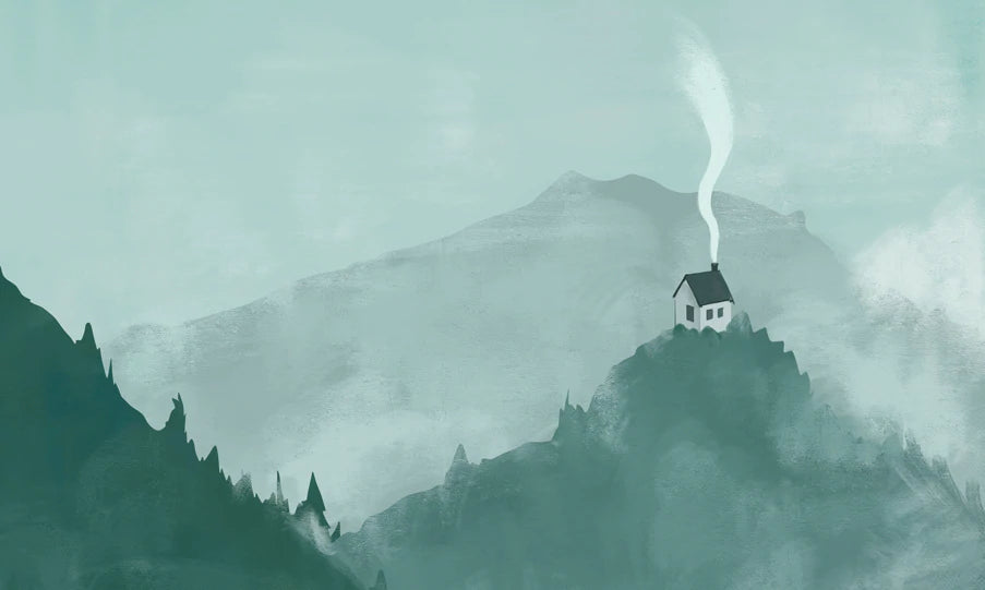 wallpaper mural depicting a house on top of a mountain