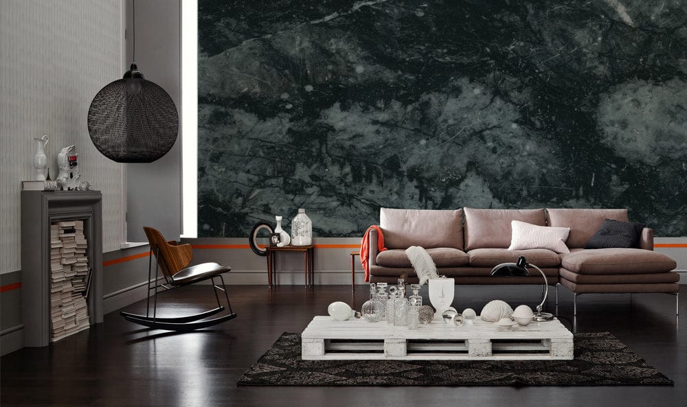 a fractured dark jasper cystal geode mural painted on the wall of a living room