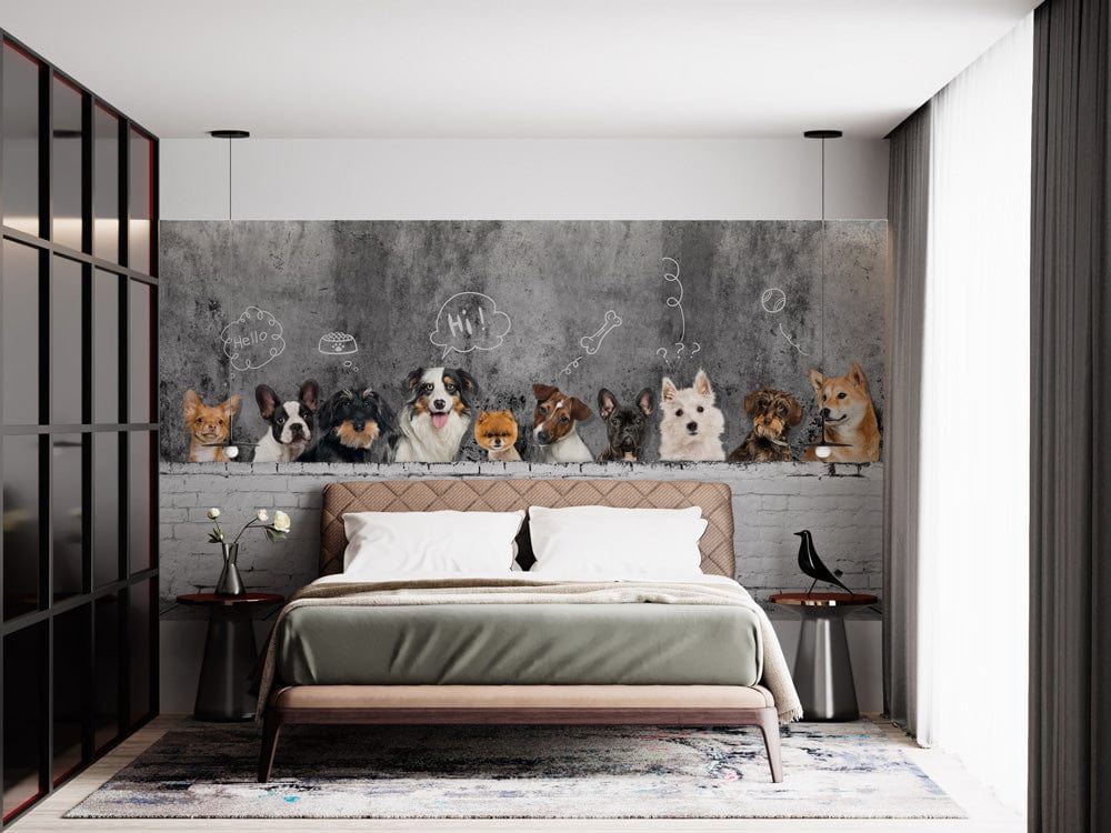 Bedroom and headboard wall murals with adorable dogs on them