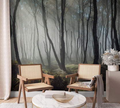 forest jungle fog trees dark wallpaper mural art