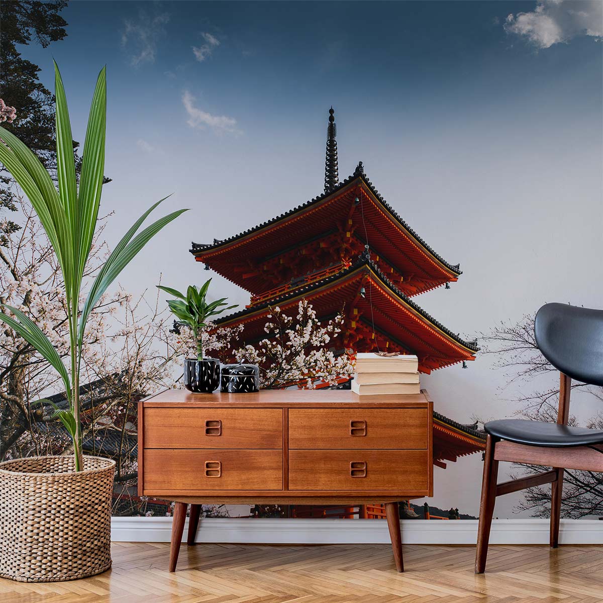 Living Room Wallpaper Mural Featuring the Chureito Pagoda and Other Local Landmarks