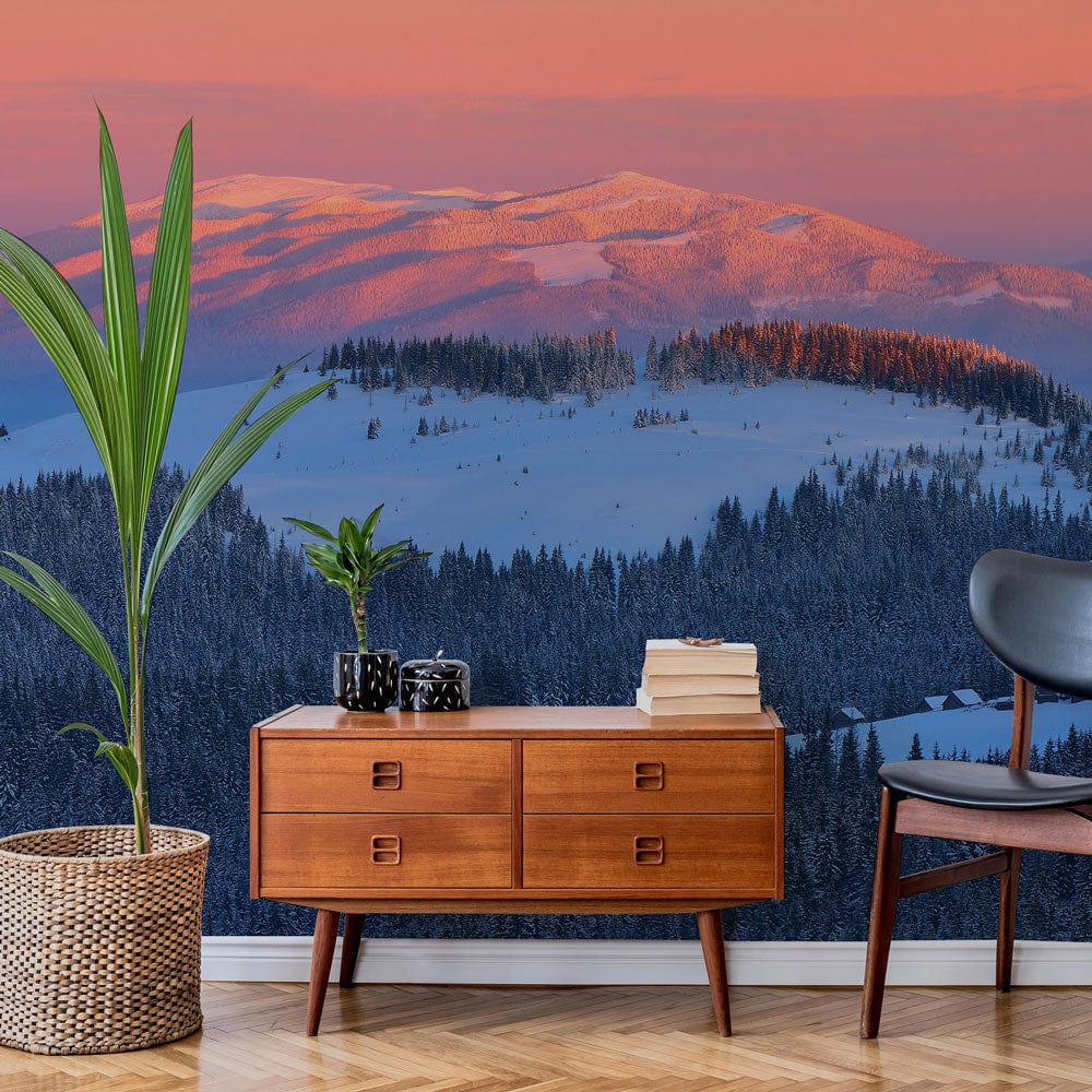 mountains and forests covered with snow and beautiful sunshine custom mural