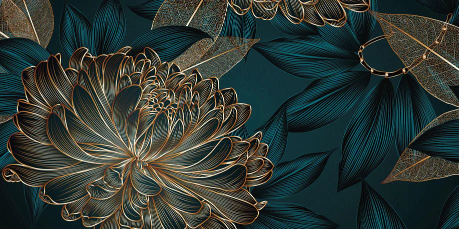Metallic Gold Floral Dark Mural Wallpaper