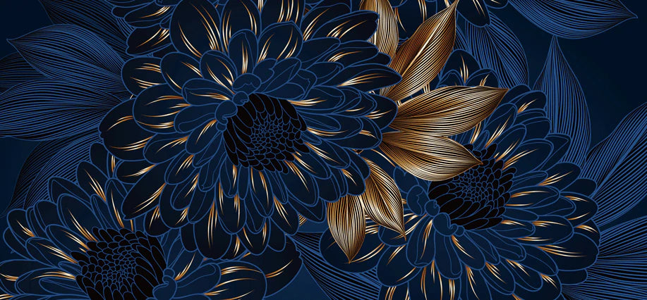 Luxury Gold Floral on Navy Mural Wallpaper